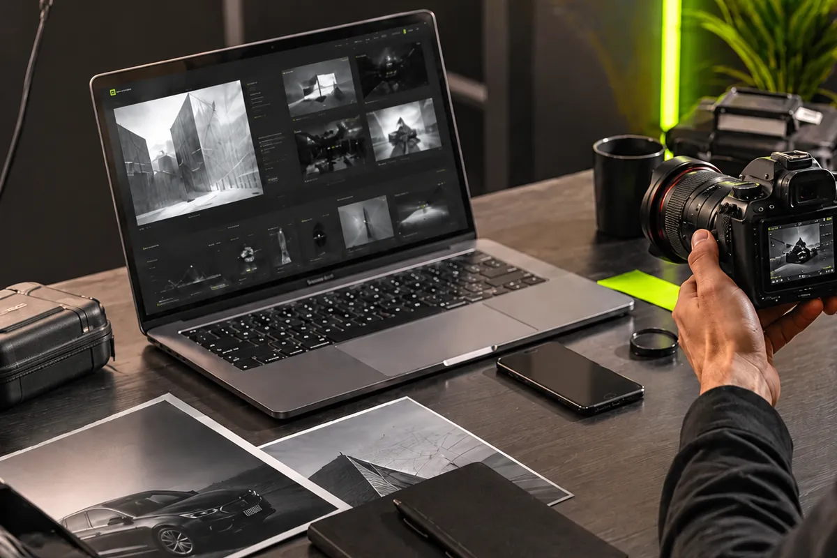 Φωτογραφική μηχανή και laptop με επεξεργασία φωτογραφιών